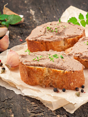 homemade-meat-snack-chicken-liver-pate-with-savory-and-olives